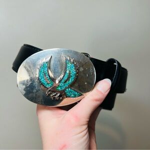 Vintage Turquoise Eagle Black Leather Belt 40